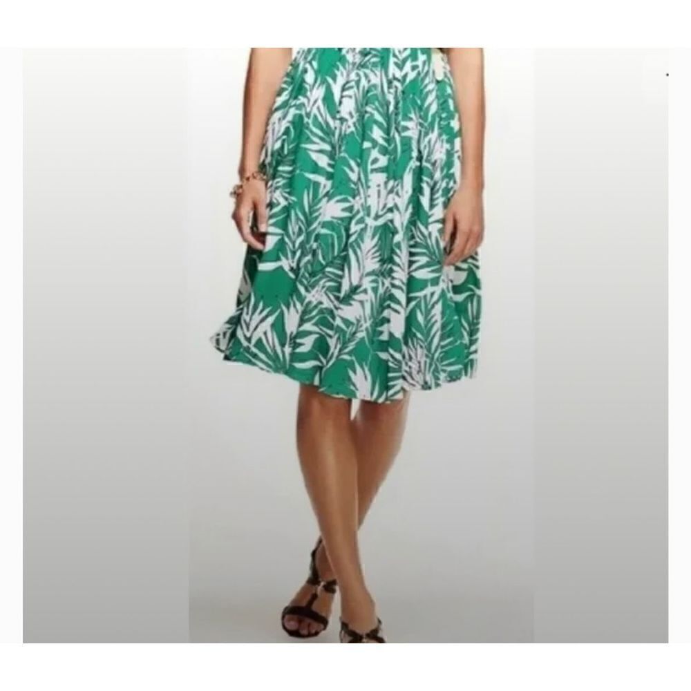 Talbots Midi Skirt Pleated Green White Palm Leaves Women's Size 16